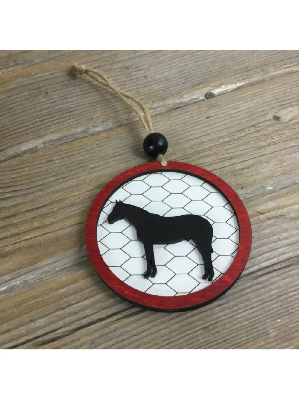 Horse Rustic Farm Christmas Ornament with Laser-Cut Chicken Wire Pattern